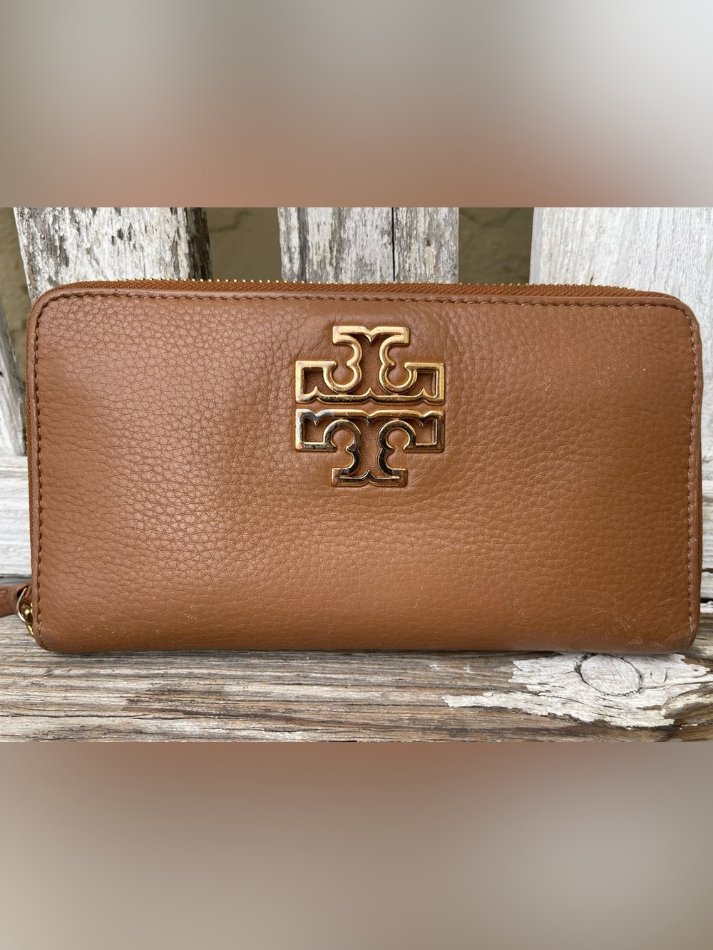 Tory Burch Britten Zip Continental Wallet Moose Bark Brown Pebbled Leather